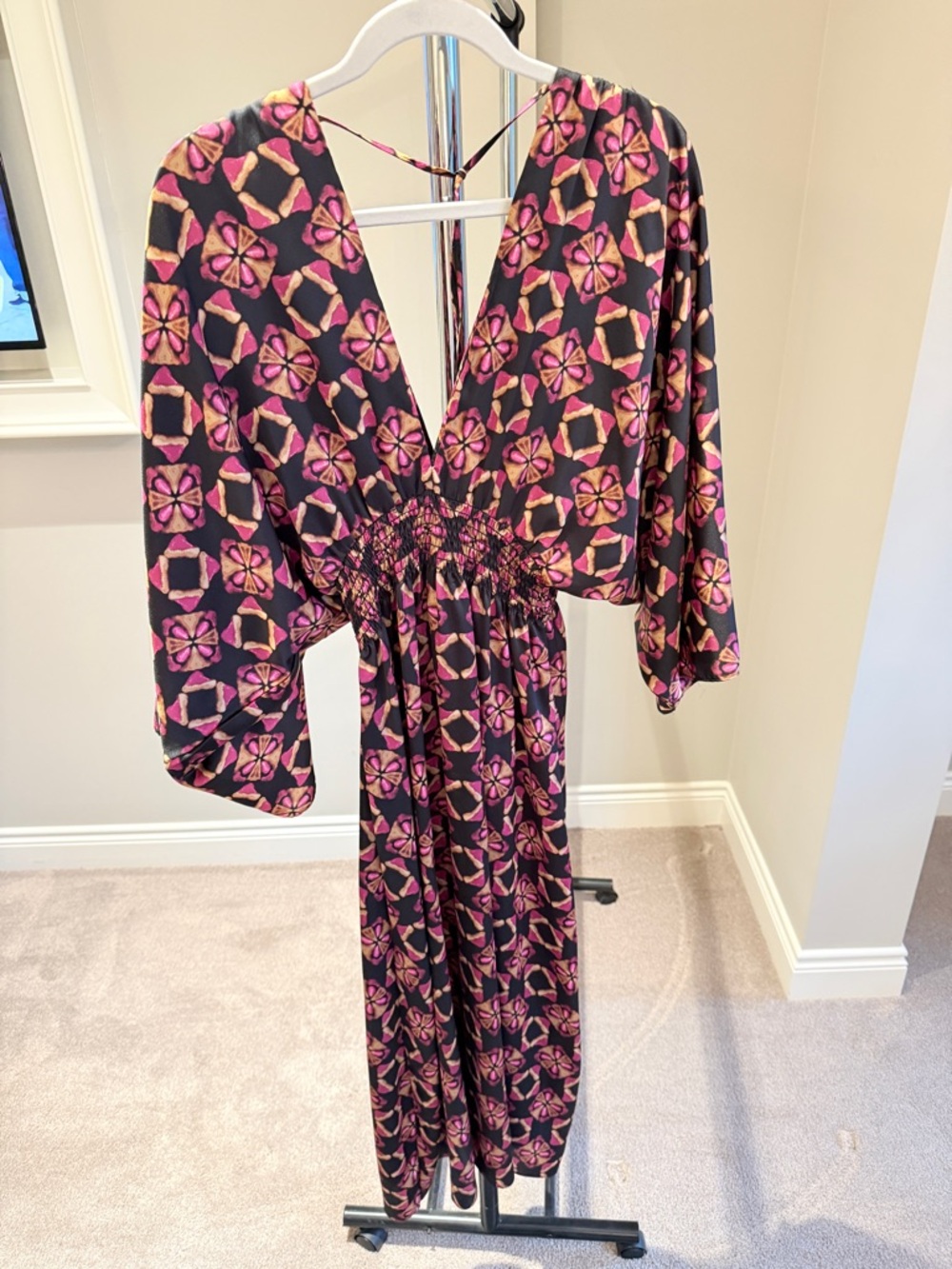 Miss Vibrant Floral-Print V-Neck Maxi Dress in Black & Pink